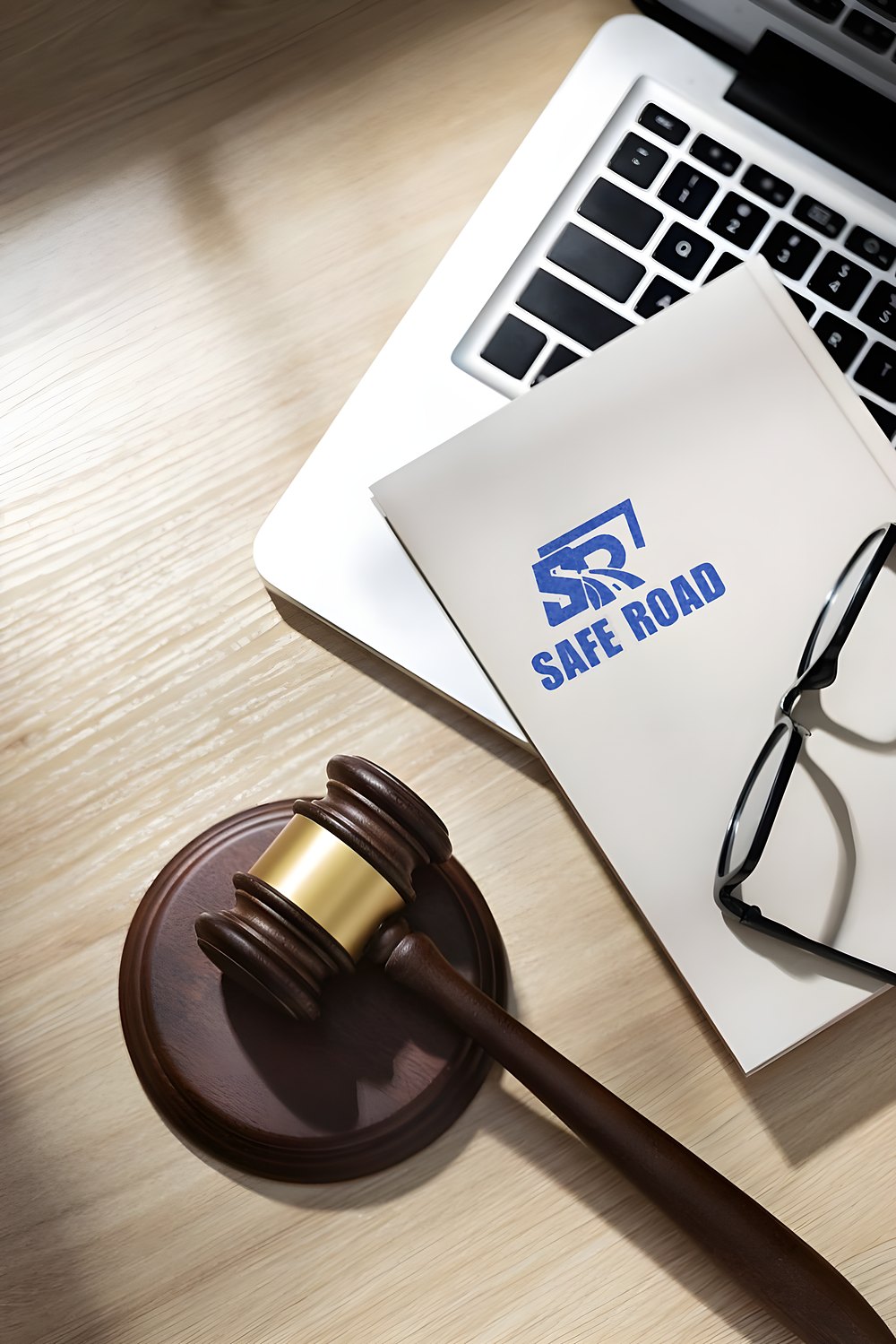 Документи Safe Road, ноутбук і суддівський молоток на робочому столі